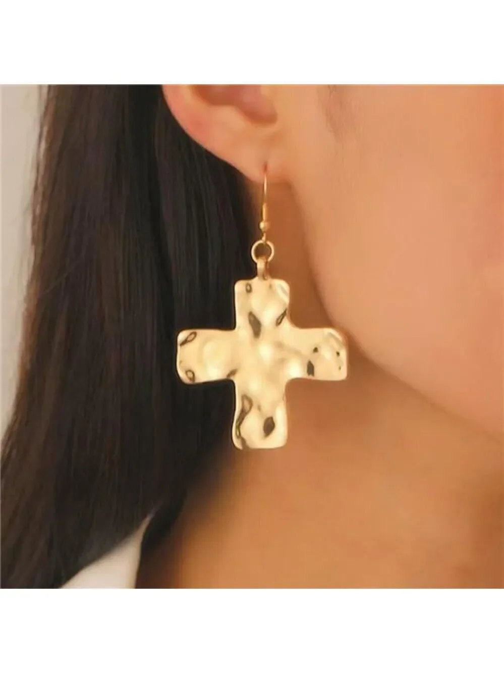 Chunky Gold Big Hammered Cross Drop Dangle Earrings for Women Trendy Jewelry